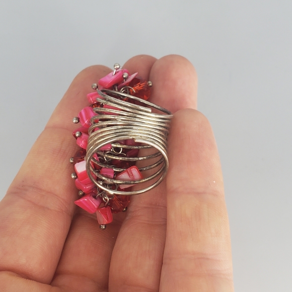 Red Beaded Silvertone Spiral Ring - Picture 5 of 9